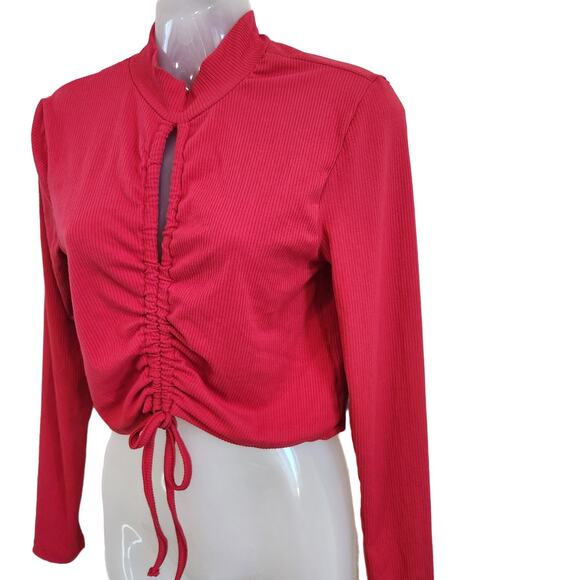 Full Circle Trends Ribbed Long Sleeve Cropped Top Ruched Tie Front Red Size L - Picture 6 of 9